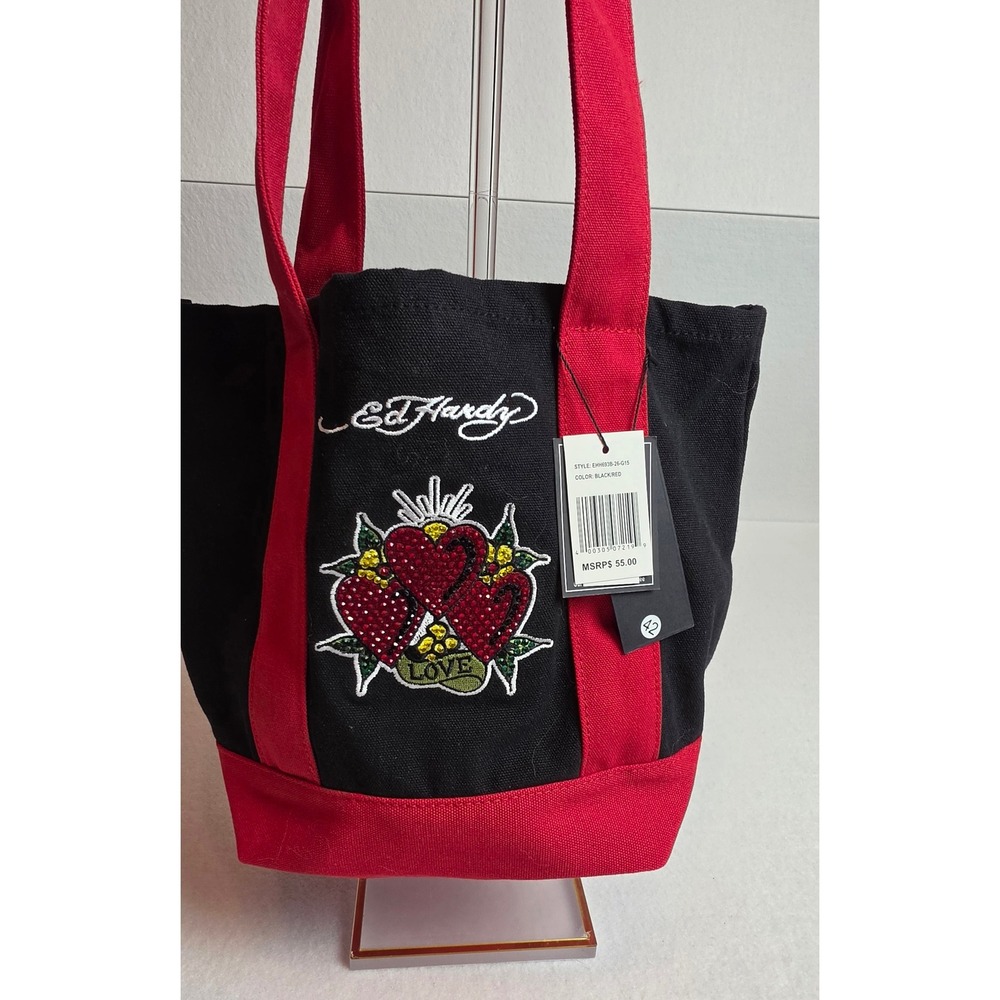 Ed Hardy Vintage Style Red Black Colorblock Canvas Tote Bag NWT Deadstock Rare